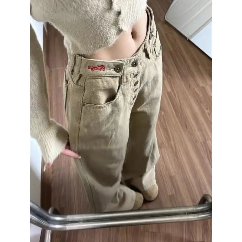 

Американские джинсы-карго цвета хаки для женщин: новые, с высокой талией, свободного кроя, дизайнерские, повседневные, в пол