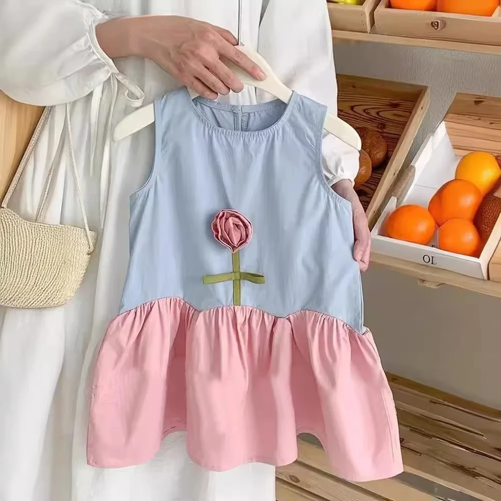 Summer Children's Clothing Pink 3D Flower Dress Sleeveless Round Neck Patchwork Princess Dresses Cute Baby Girl Clothing