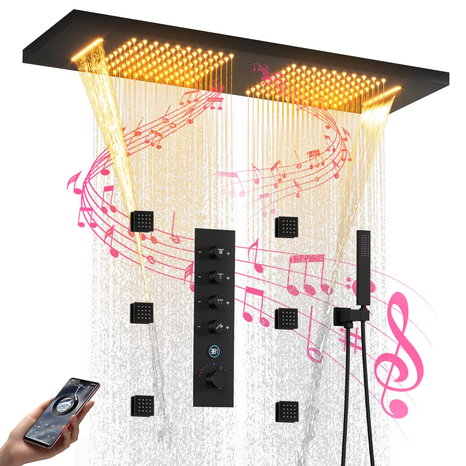 Ceiling Embedded Music LED 36*12 Inch Rain&Waterfall Shower Head Temperature Display Thermostatic Shower Faucet Set