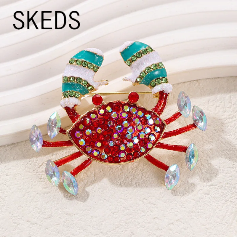 SKEDS Exquisite Women Men Fashion Crab Enamel Badges Pin Classic Lady Sea Animal Crystal Drip Oil Brooch Accessories Gift