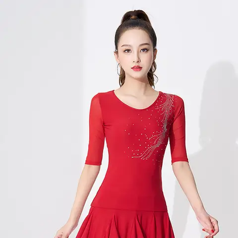 핫 드릴 라틴 댄스 연습복, 최고의 대회 공연 댄스 의상, 여성 성인 우아한 볼룸 탑, 현대 무용