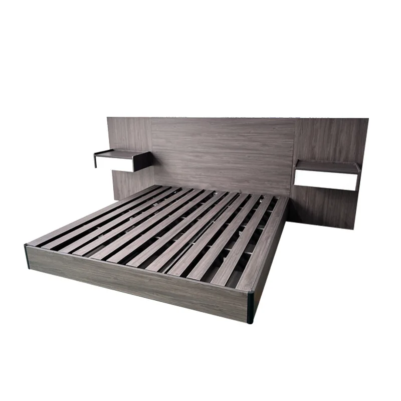 Estante para tablero de cama de madera simple y moderno, cama doble con esqueleto de fila moderna y mesita de noche, renta para dormitorio principal y hogar
