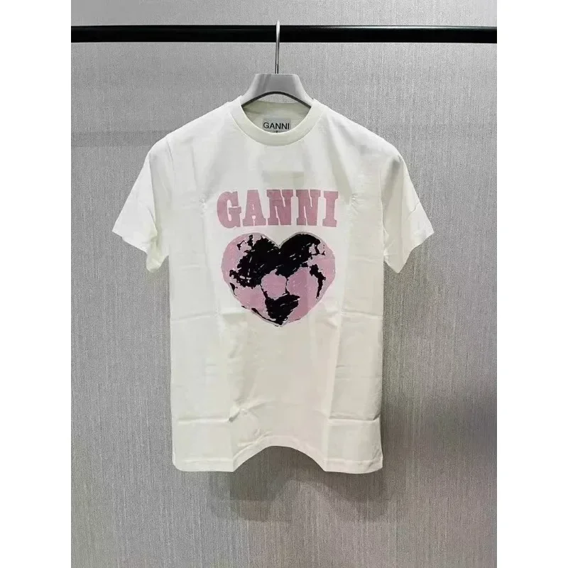 Ganni Brand T Shirt Cotton Casual Short Sleeve Niche Trends Letter Printing Tee Men Women Fashion Parenting Clothing Summer Top