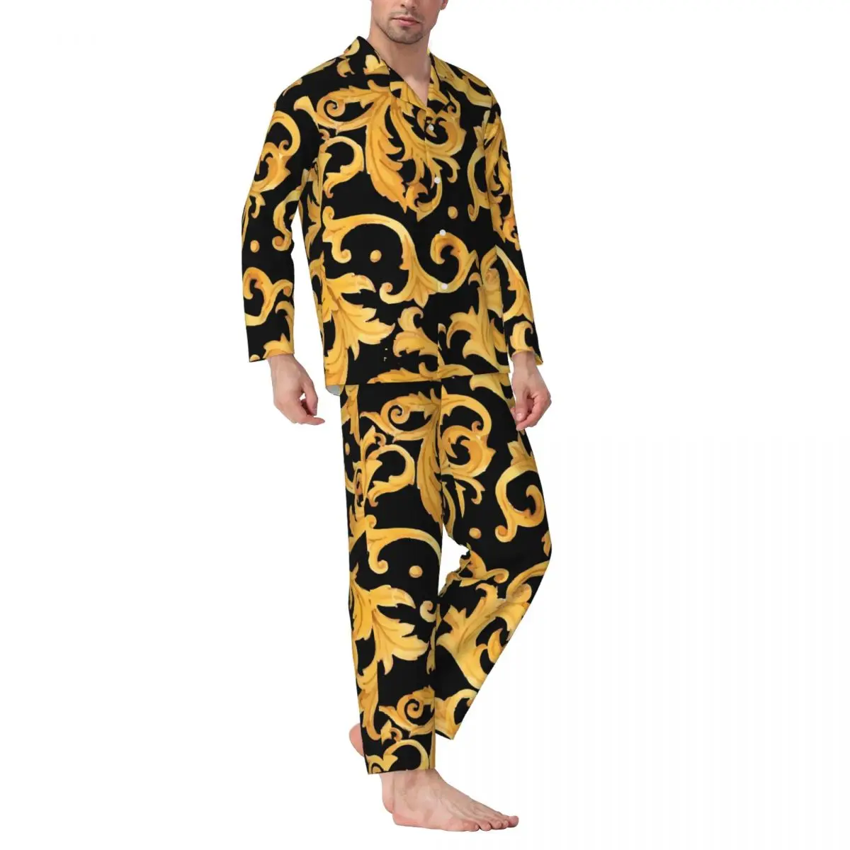 Baroque Print Pajama Sets Gold Floral Trendy Sleepwear Men Long Sleeves Casual Room 2 Piece Home Suit Large Size