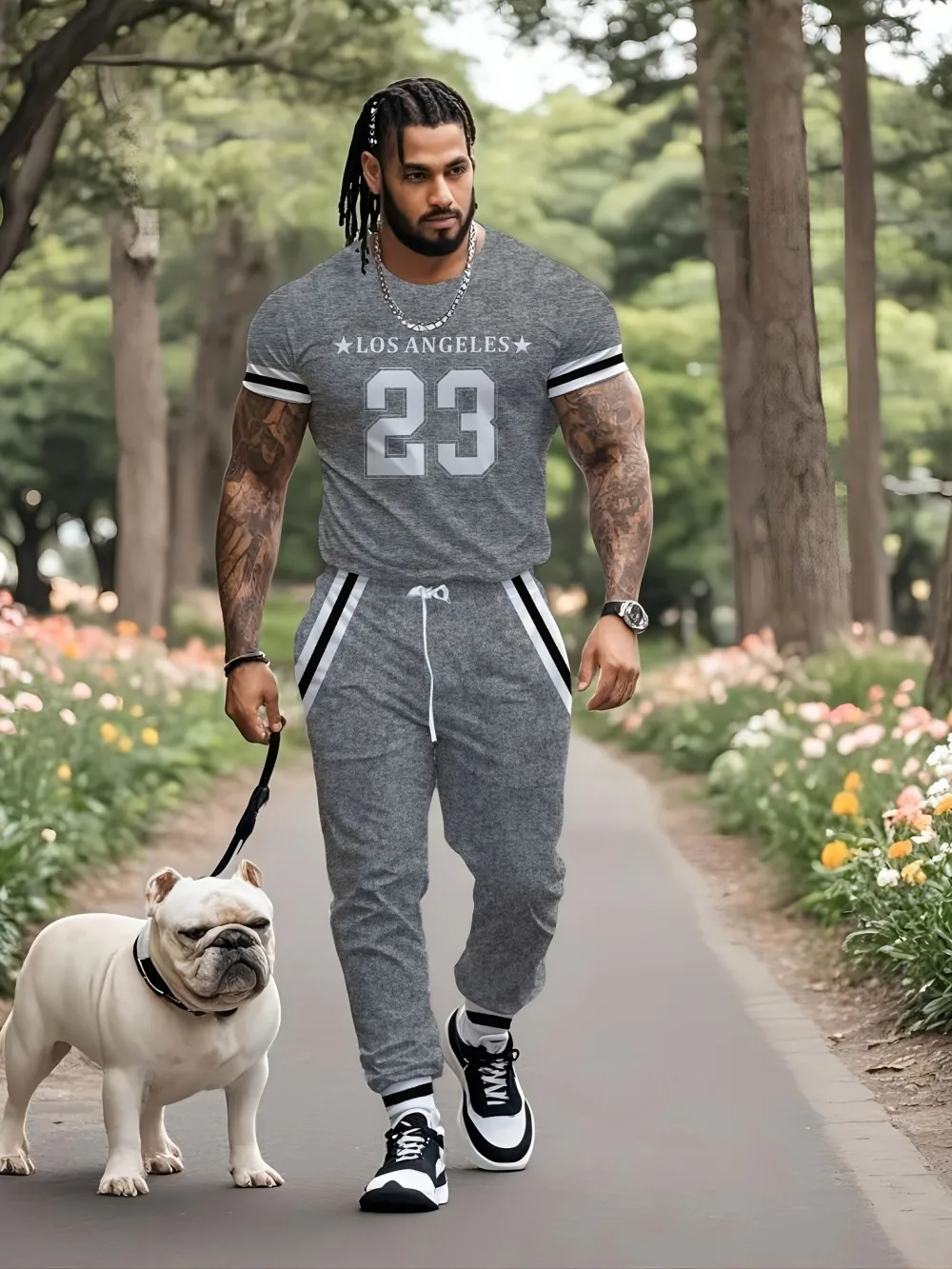 

Summer American Fashion Men's Striped Digital Printed Breathable Round Neck T-shirt Pants Set Outdoor Casual Two Piece Set