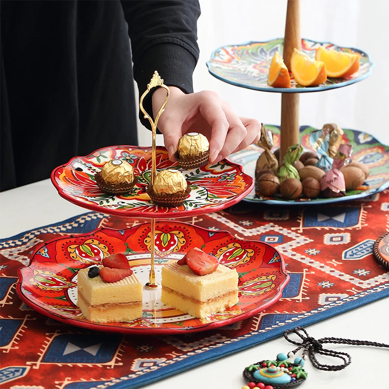 

Bohemian Ceramic Double-Layer String Disk Creative Nordic Dessert Table Birthday Cake Stand Afternoon Tea Dried Fruit Plate