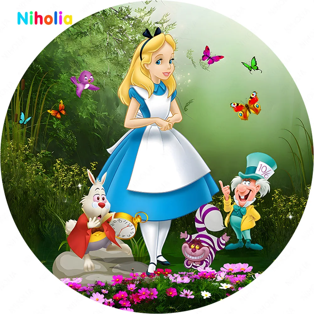 Disney Alice In Wonderland Princess Round Backdrop For Girls Kids Birthday Party Flowers Baby Shower Photography Backgrounds