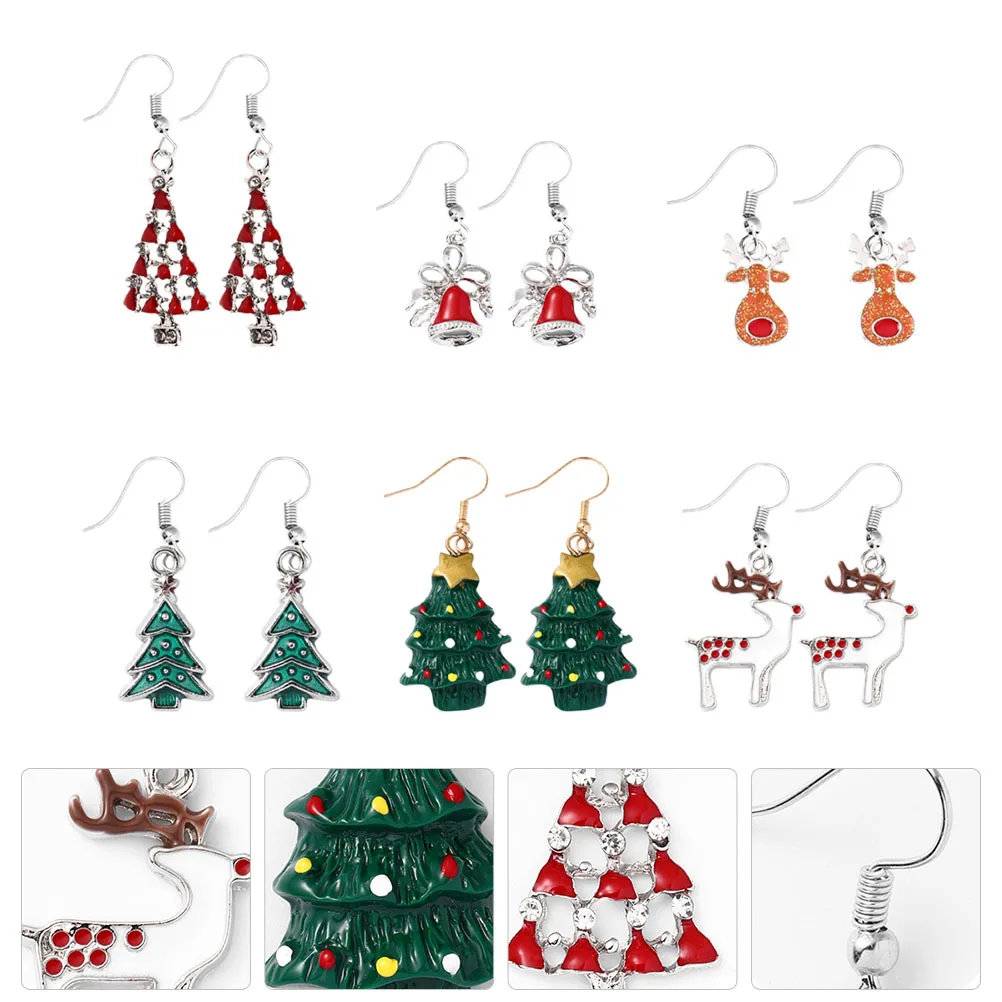 

6Pairs Christmas Eardrops Dangle Xmas Earrings Alloy Ear Pendant Set Holiday Jewelry for Women Party Fashion Gift