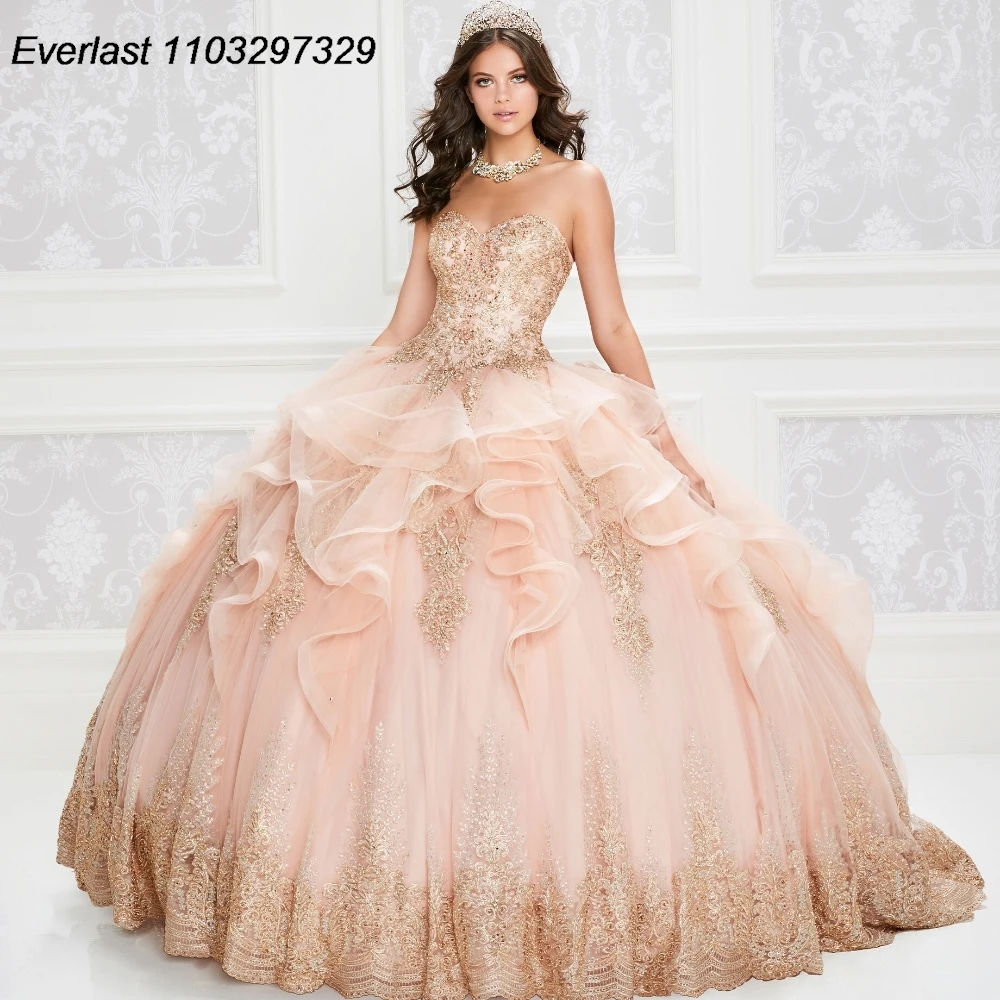 Evolt personalizado blush rosa quinceanera vestido de baile ouro renda apliques miçangas em camadas doce 16 vestido de 15 anos tqd354