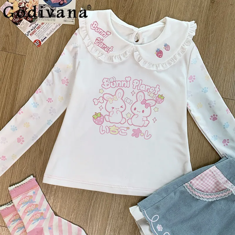 

Новая весенняя оригинальная японская милая девичья кофта с длинным рукавом, вышивкой клубники и воротником-куклой, внутренний топ-жилет, одежда для дочерей