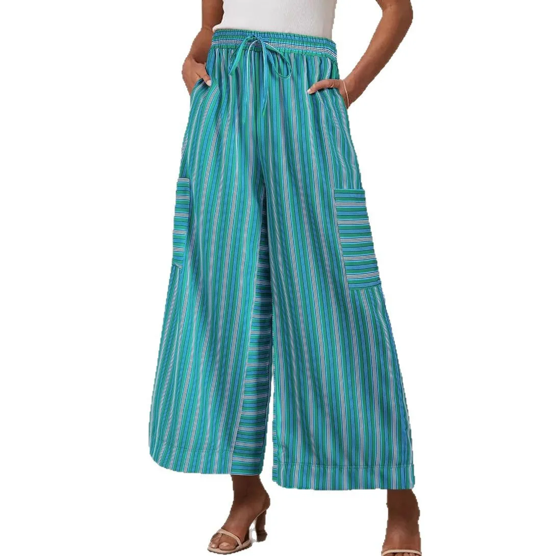 New Spring Summer 2025 Colorful Striped Pants Casual Fashion Loose Lace Up Straight Pants Women