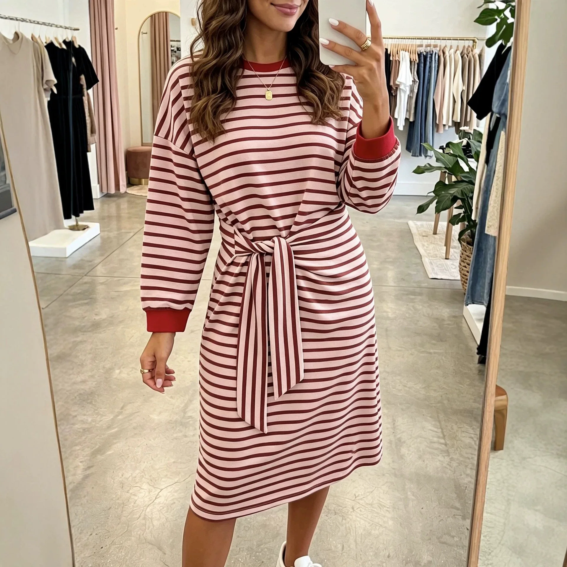 2026 New Autumn. And Winter Strip Patchwork Long-sleeve Loose-fitting Women's Dress, Slimming Effect Y2k、 Bandage Robe