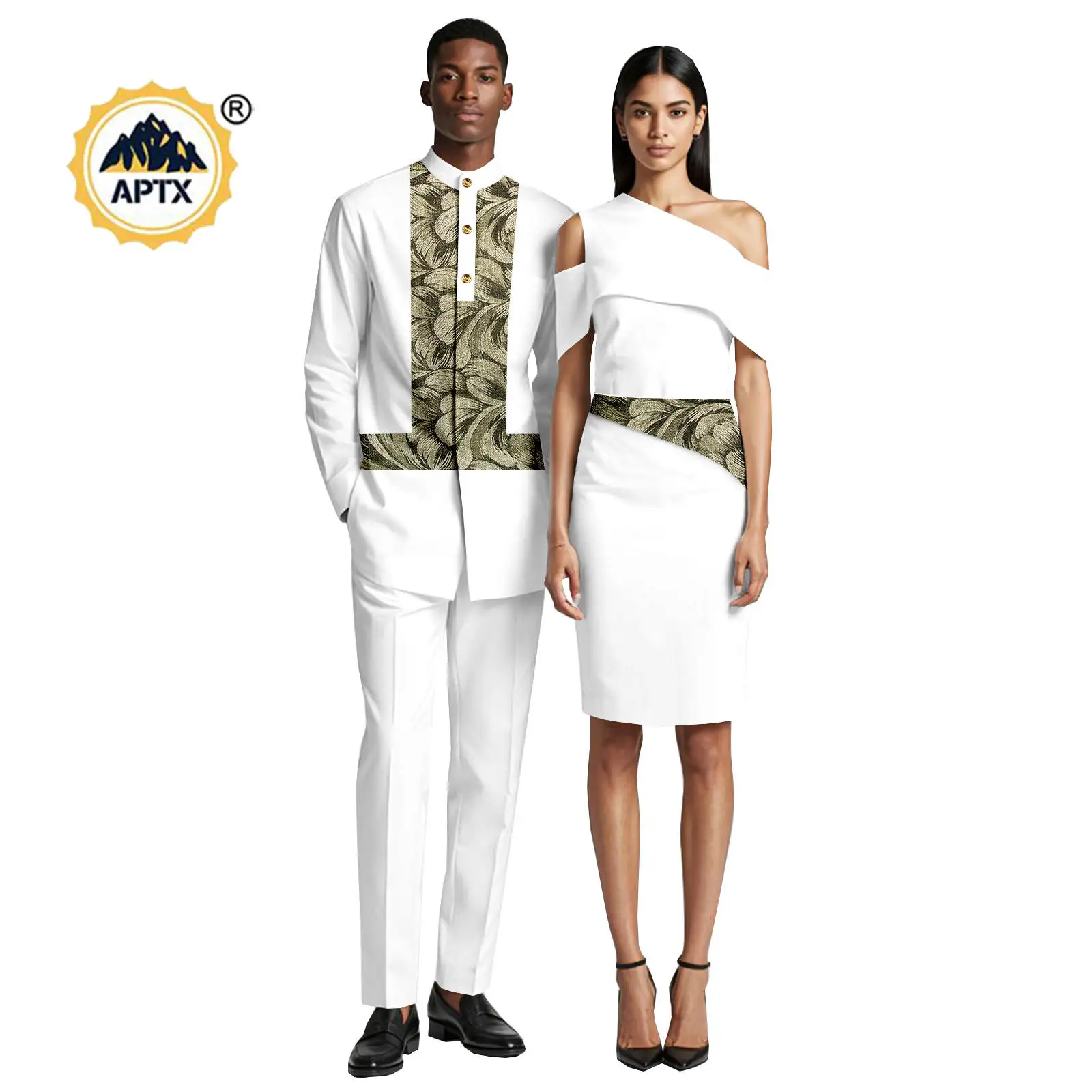 

African One-Shoulder Slim Hip Dresses for Women Matching Couples Outfits Dashiki Men Top and Pants Sets Bazin Riche 25C064