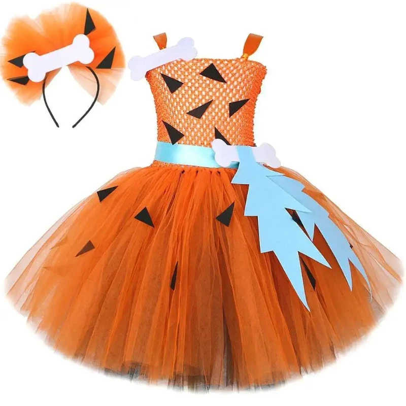 

Baby Girls Pebbles Costumes for Kids Ballet Tutus Outfit with Bone Tulles Hairbow Girl Halloween Carnival Fancy Dress Stone Cave