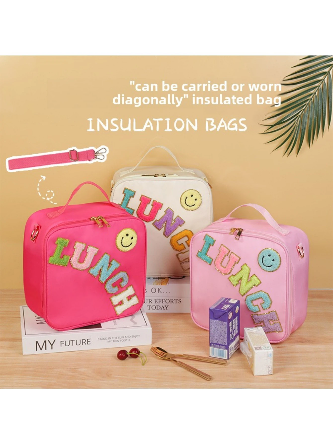 

Термосумка для обедов с вышивкой в виде улыбающейся буквы, портативная термосумка-холодильник из алюминиевой пленки для пикников и работы на открытом воздухе