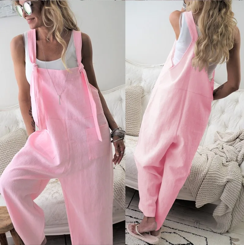 Loose Ladies Bib Pant Suspender Trouser Linen Female Women One-Piece Wide Leg Romper Overalls Jumpsuit Streetwear Plus Size