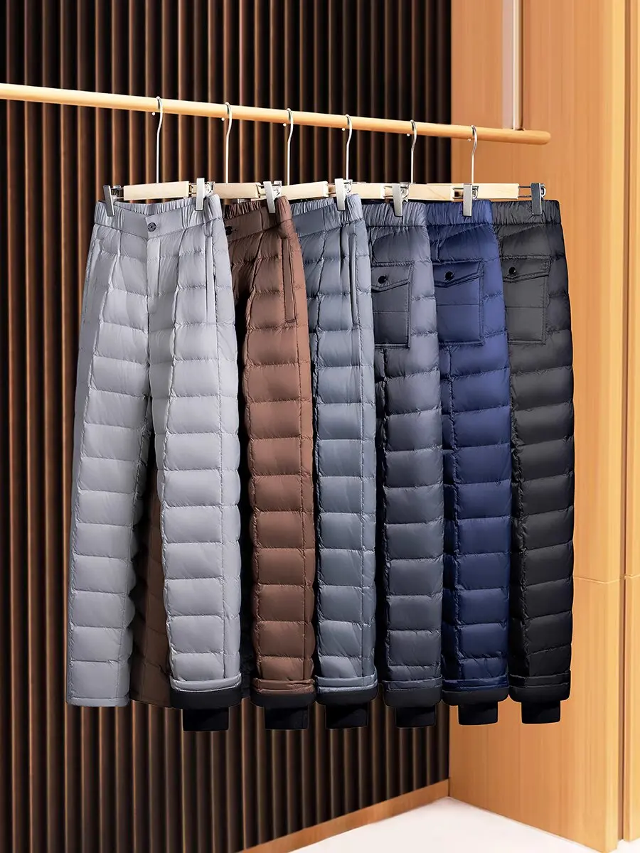 

Winter light and warm thick white duck down quilted grid outdoor waterproof men wear straight down pants