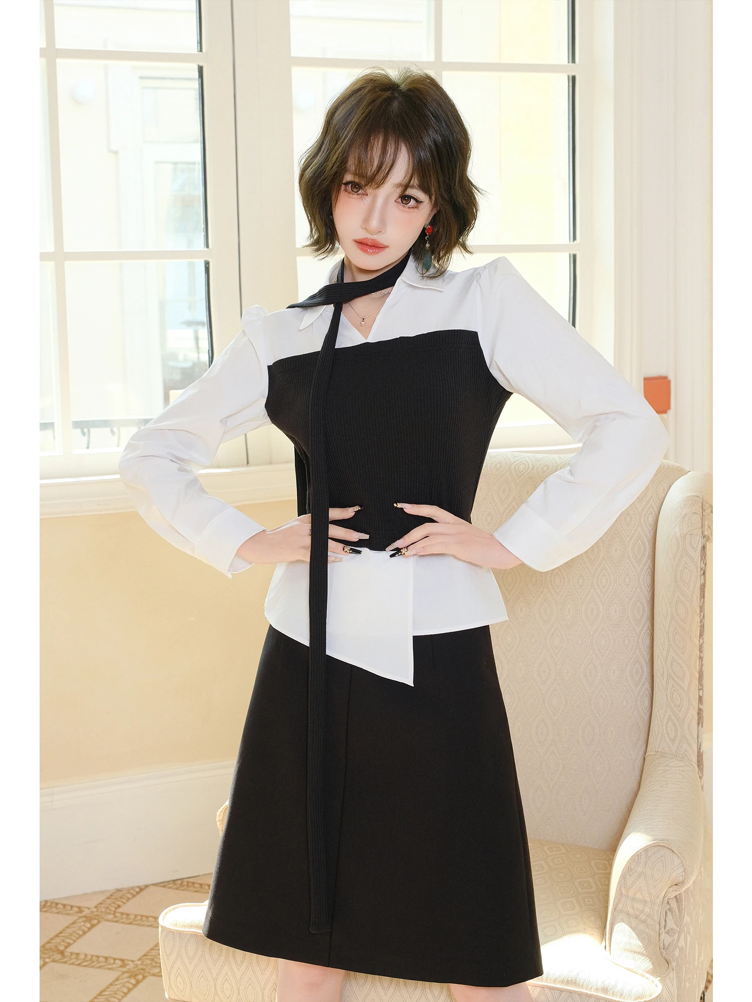 

Рубашка MIUCO с цветовыми блоками черно-белого цвета, офисный стиль, женская асимметричная рубашка, дышащая, приятная к телу, с длинным рукавом