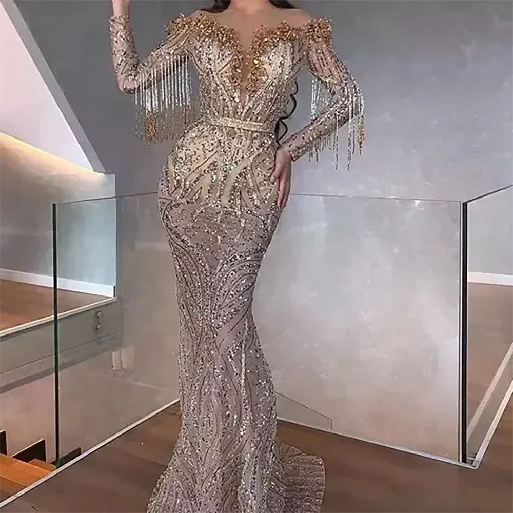 فاخر قبالة الكتف مطرزة الديكور شرابة حورية البحر فساتين السهرة الرسمية حفلة عيد ميلاد فساتين حفلات مخصصة