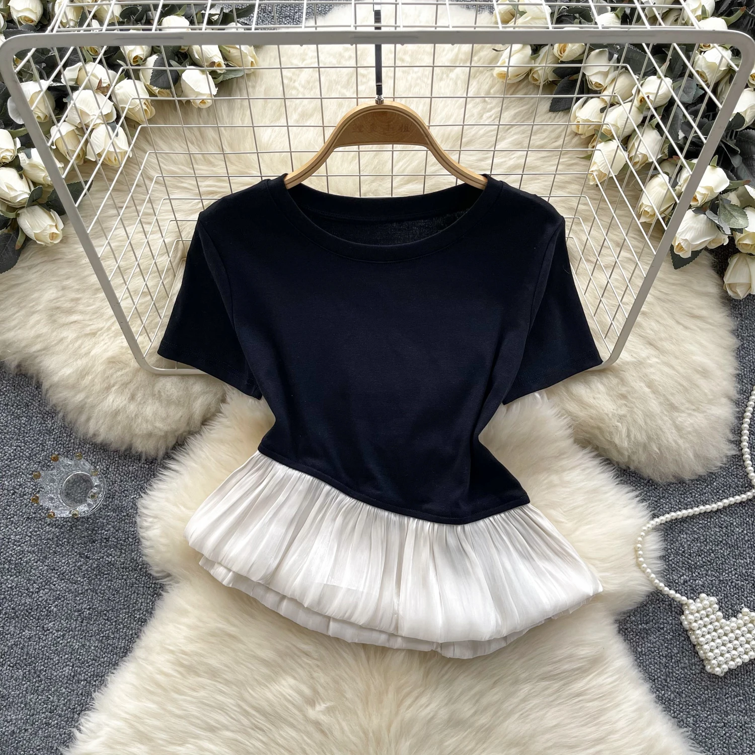 Chic Elegant sexy short sleeve o neck ruffle PATCHWORK t shirt Top Vintage Korean Fairy Crop Top basics summer Wome