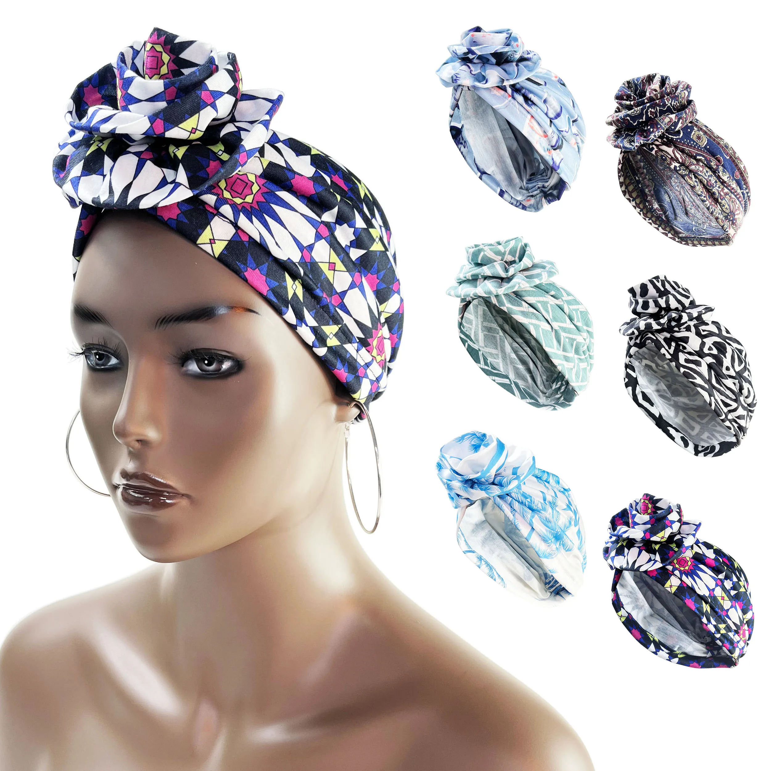 African Print Women Large Flower Stretch Turban Hat Headwrap Bonnet Hat Wedding Party Headwear Lady Muslim Hijab Hat Head Cover