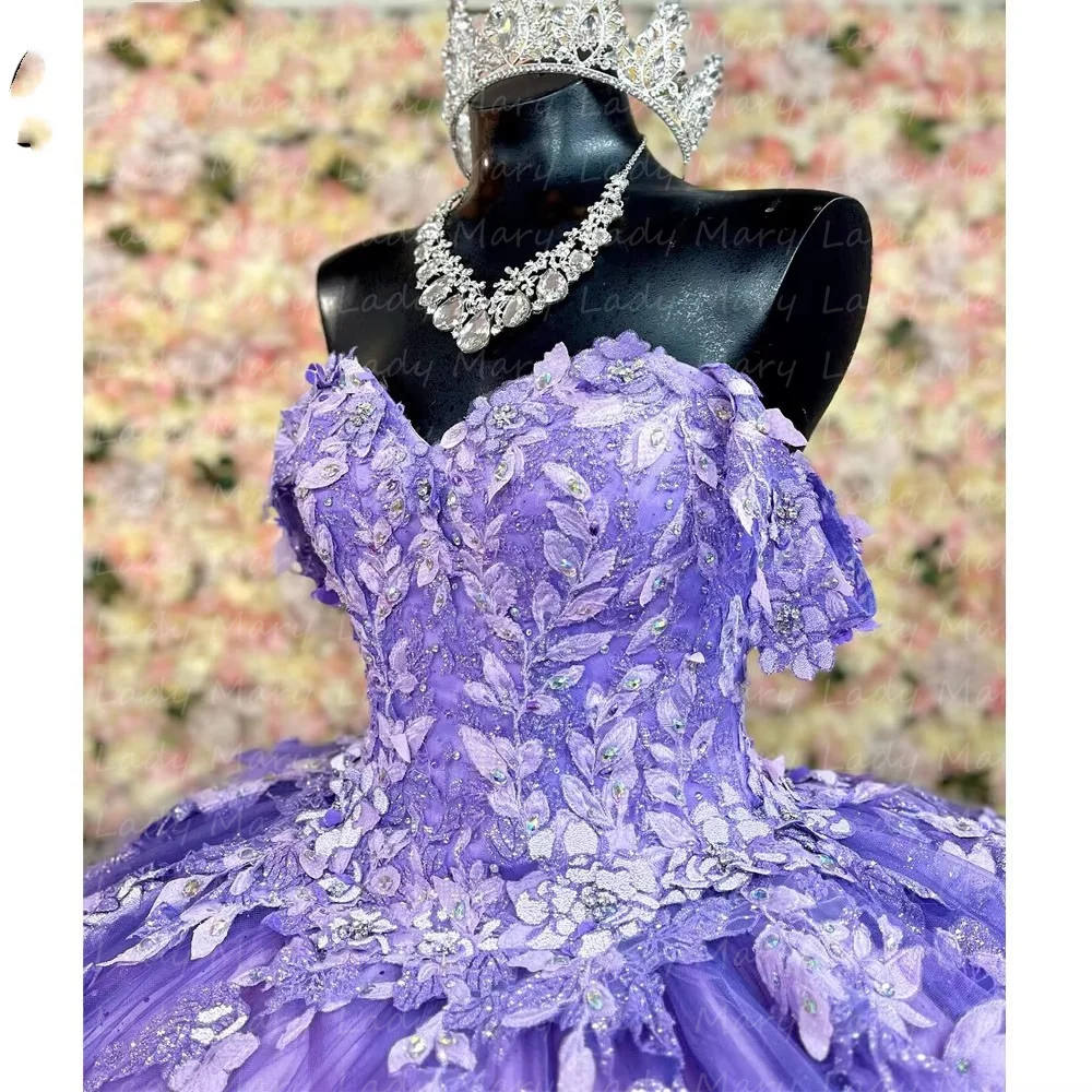 Vestidos de quinceañera morados personalizados con hombros descubiertos, apliques de encaje con cuentas para niña, dulce fiesta de cumpleaños, vestidos de graduación, 15