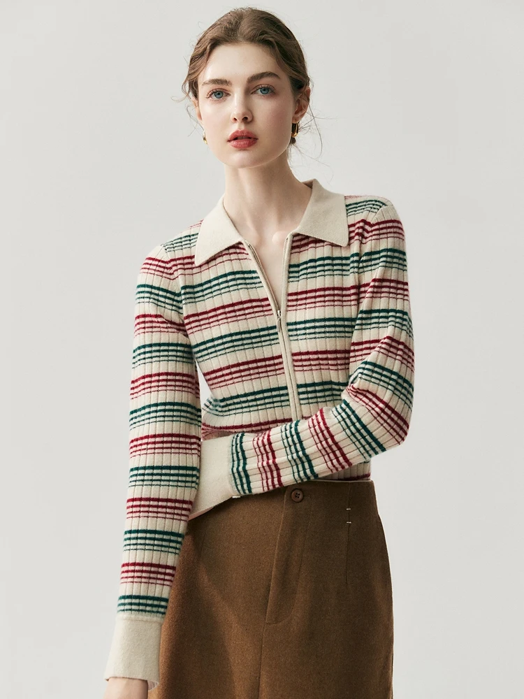 

England Style Women's Sweater Slim 100% Cashmere Cardigan Sweater Autumn Winter Warm Clothes Polo Collar Striped Zipper Knit Top