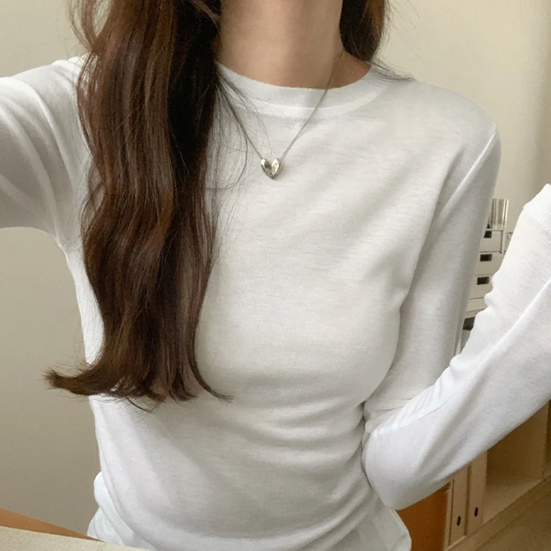 여성용 기본 긴팔 상의 티셔츠, 스키니 O넥 티셔츠, 한국 스타일 의류, 가을