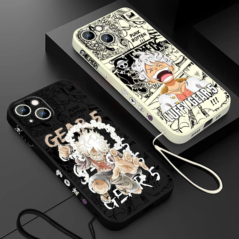 Anime Ones Pieces Luffys 5 Gear For Apple iPhone 15 14 13 12 11 Pro Max Plus 8 7 SE Liquid Left Rope Phone Case Capa Soft Cover