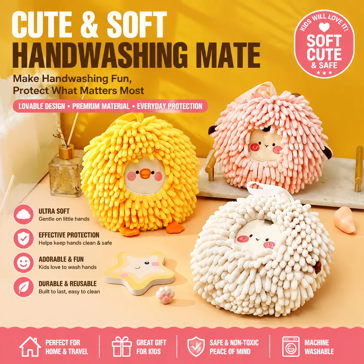 Cute Cartoon Sheep Chenille Hand Towel Hanging Hand Towel Kitchen Thickened Absorbent Quick Drying Bathroom Decoration