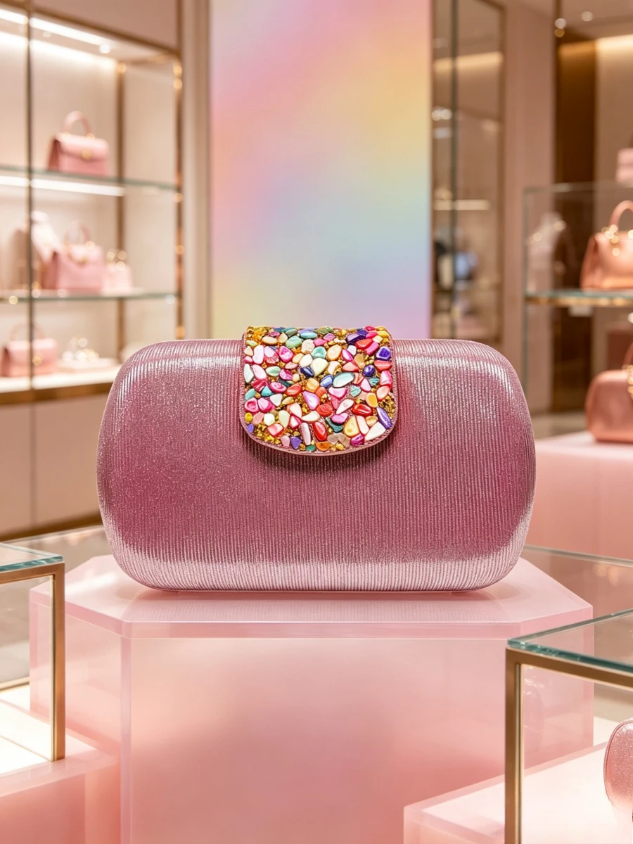 Rose Pink Vertical Glitter Color Gem Patch Flap Rectangle Clutch Luxury Sparkling Evening Purse Mature Women Heavy Craft Handbag