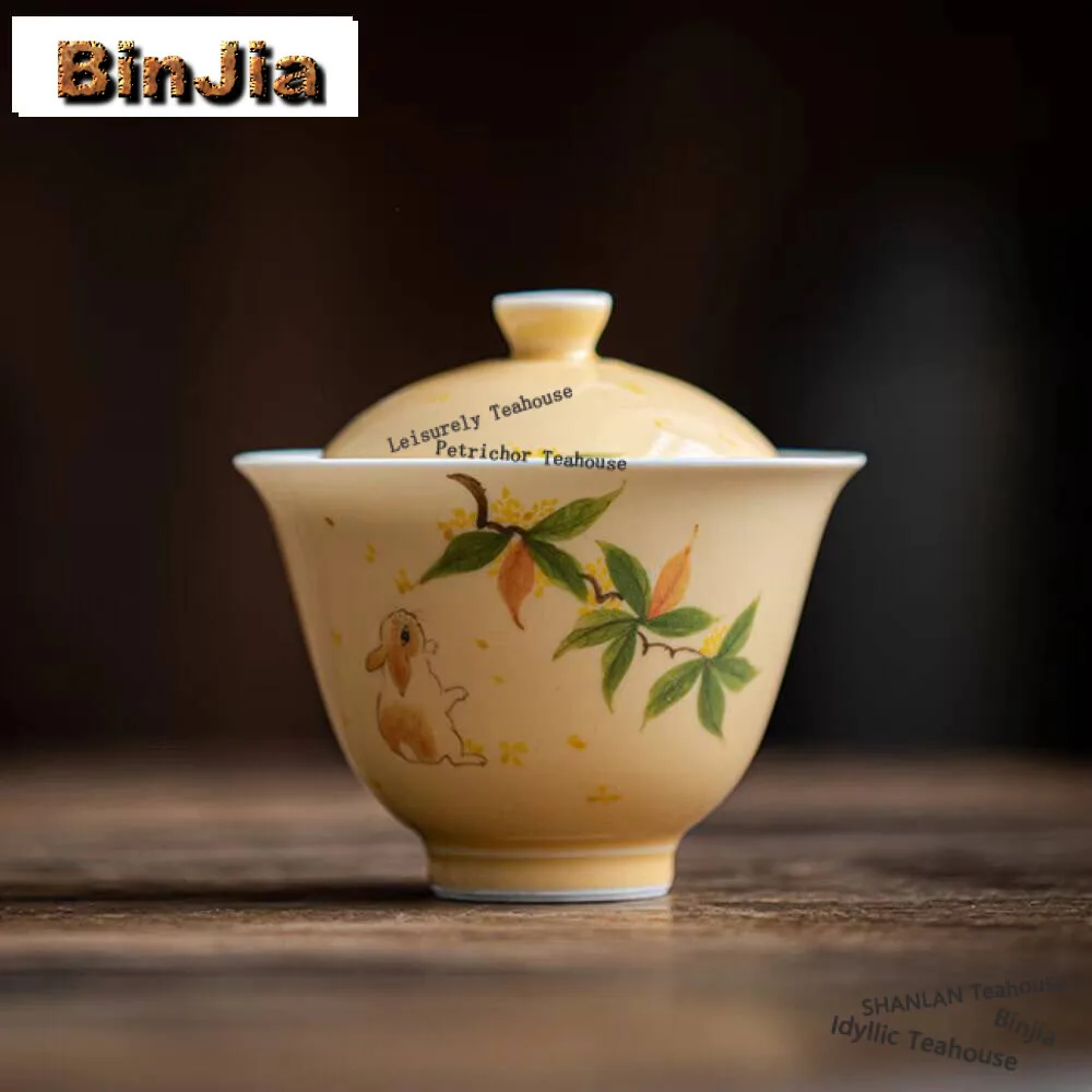 

170Ml Hand-Painted Osmanthus Rabbit Gaiwan Handmade White Porcelain Tea Tureen Making Cover Bowl Services Cha Ornaments