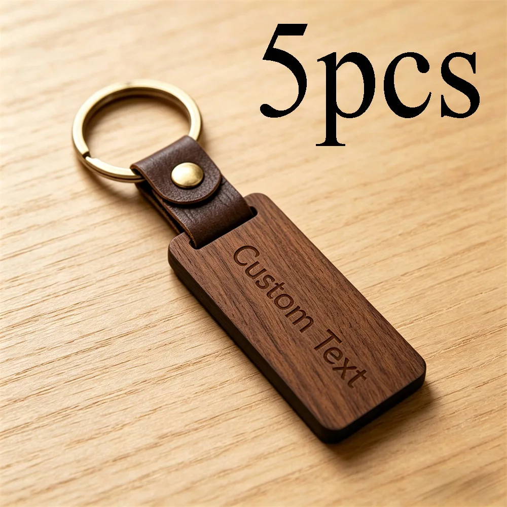 Custom Text Solid Wood Leather Keychain, Personalized Name Key Ring