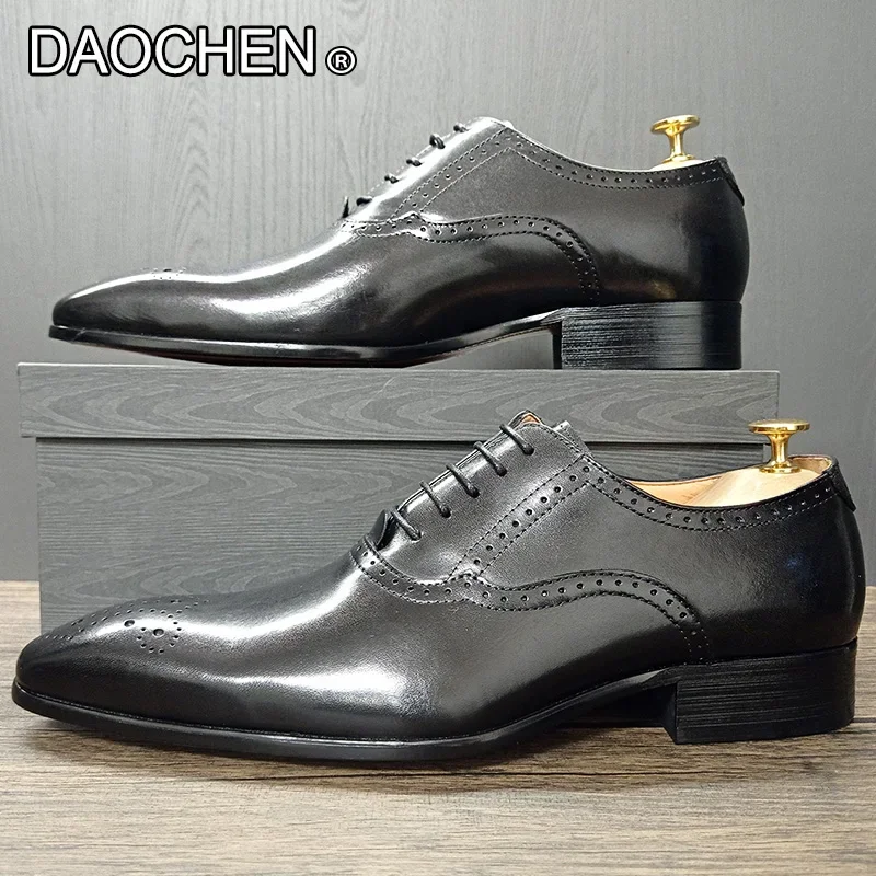 MEN OXFORD SHOES WHITE BLACK BROGUE LUXURY LACE UP DRESS MAN OFFICE BUSINESS WEDDING SHOES GENUINE LEATHER SHOES FRO MEN