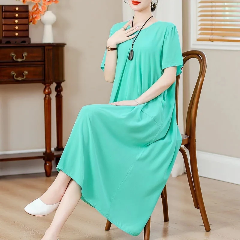 New Summer Cotton Silk Nightwear for Women's Mothers Plus Size 5XL Solid Color Pocket Pajamas Dress Comfortable Cool Sleepdress