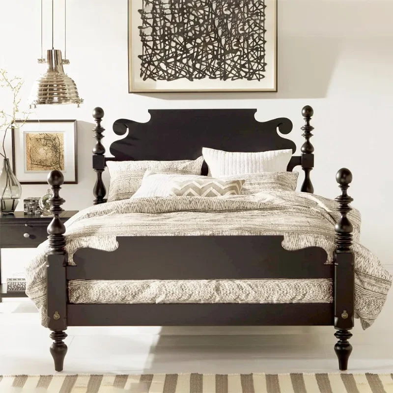 French retro solid wood bed master bedroom double American country soft bag medieval leather 1.8 meters pillar