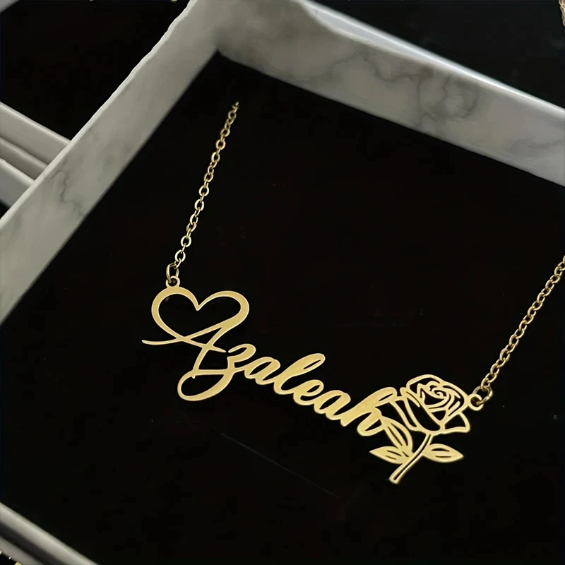 

Пользовательское имя цветка розы, персонализированное ожерелье с подвеской, ювелирные изделия из нержавеющей стали, подарок на день Святого Валентина или годовщину для подруги