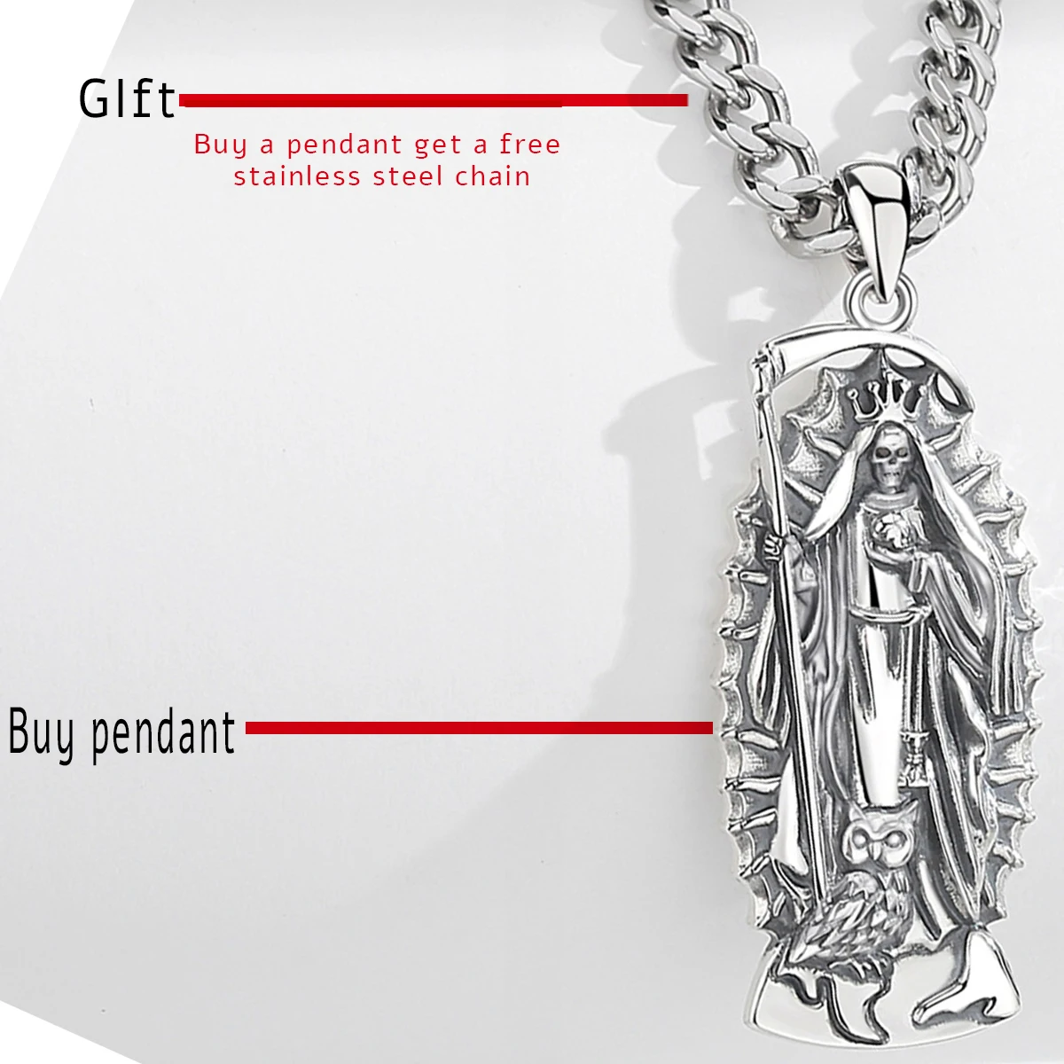 Eudora 925 Sterling Silver Santa Muerte Necklace Holy Death Scythe Mexican Pendant Fine Personality Jewelry for Women Man Gift