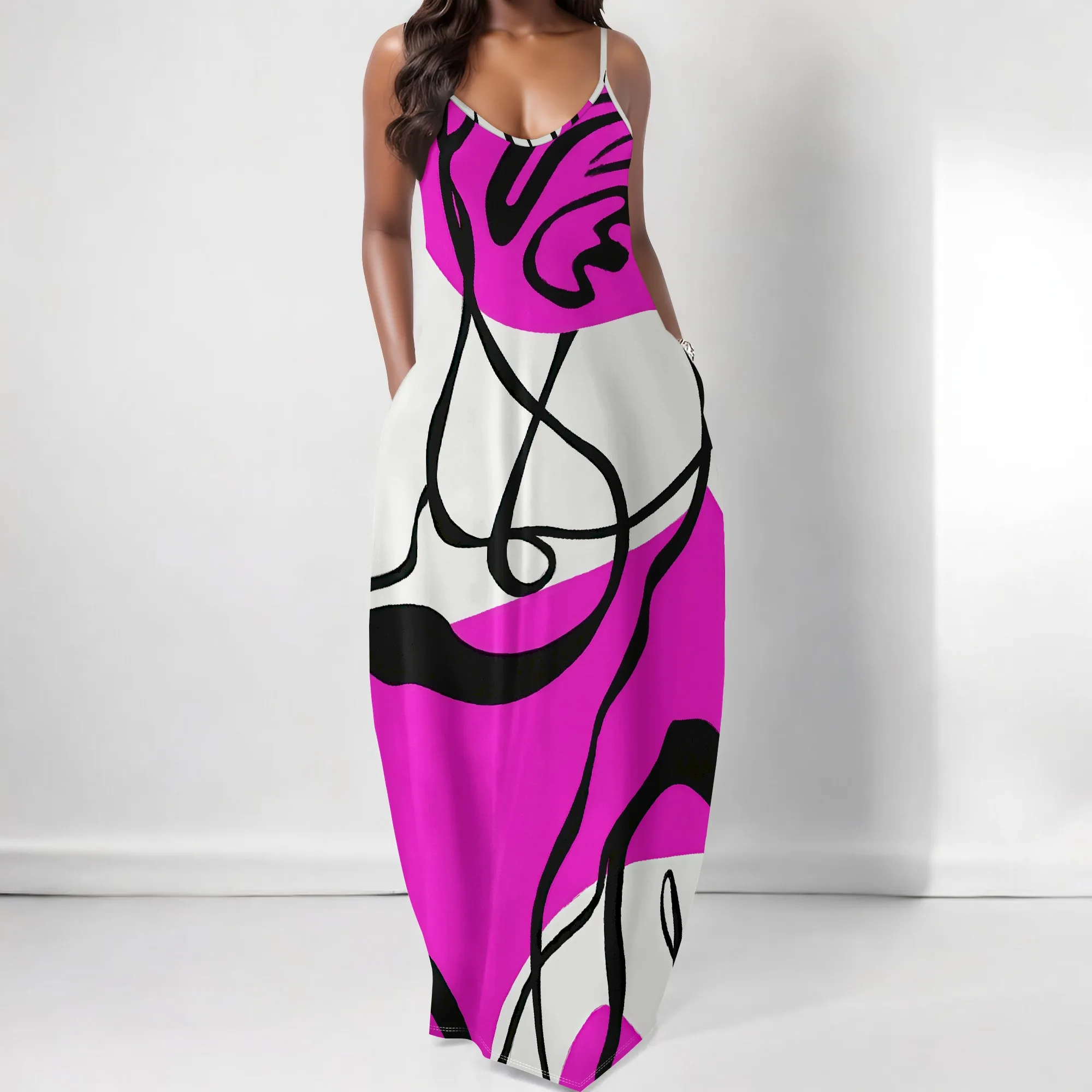 

Abstract Print Maxi Dress Women's 2025 New Arrival Spaghetti Strap Loose Fit Casual Beach Vacation Sundress with Pockets XS-3XL