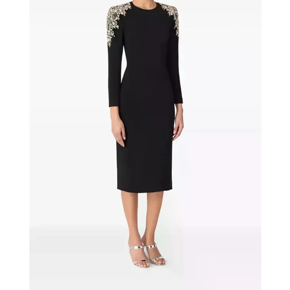 

Short Black Evening Dresses Luxury Crystal O-Neck Long Sleeves Jersey Evening Gowns Tea Length Formal Party Dresses Customized