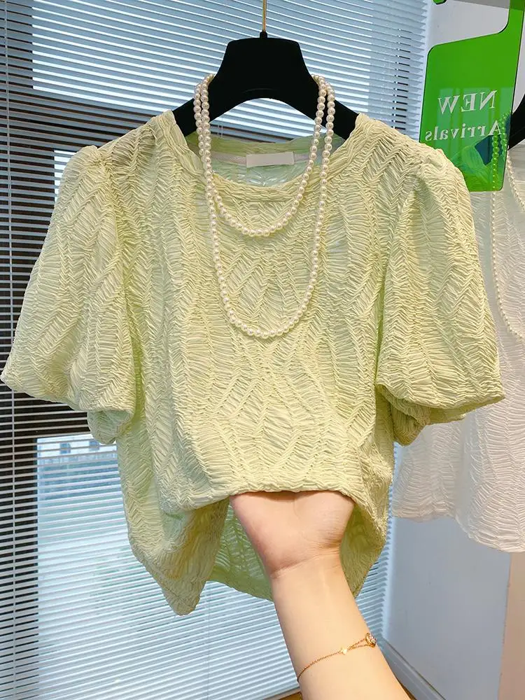 

Solid Color Printing Puff Sleeve Chiffon Chic O-Neck Short Sleeve Loose Women's Blouse Shirt Fashion Female Clothing Tops S03