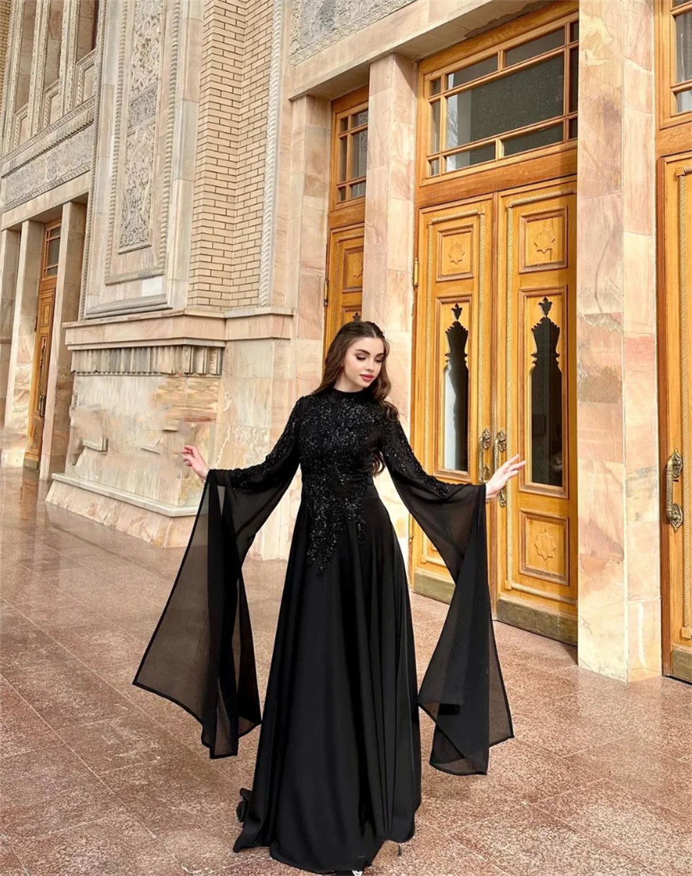 Annie Black A-line Long Sleeves Prom Dresses Luxury Beads Evening Dresses Ladies Formal Occasions Party Dresses Robes De Soirée