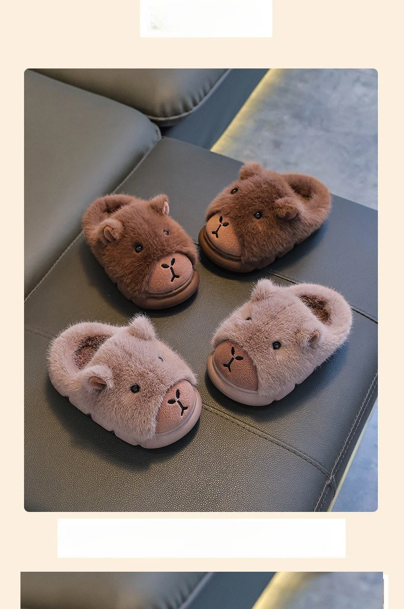Capybara Kinder Hausschuhe Niedliche Flauschige Winter 2025, Indoor Hause Baumwolle Schuhe Frau Warme Bequeme Cartoon Plüsch Boden Schuhe – Detail 7