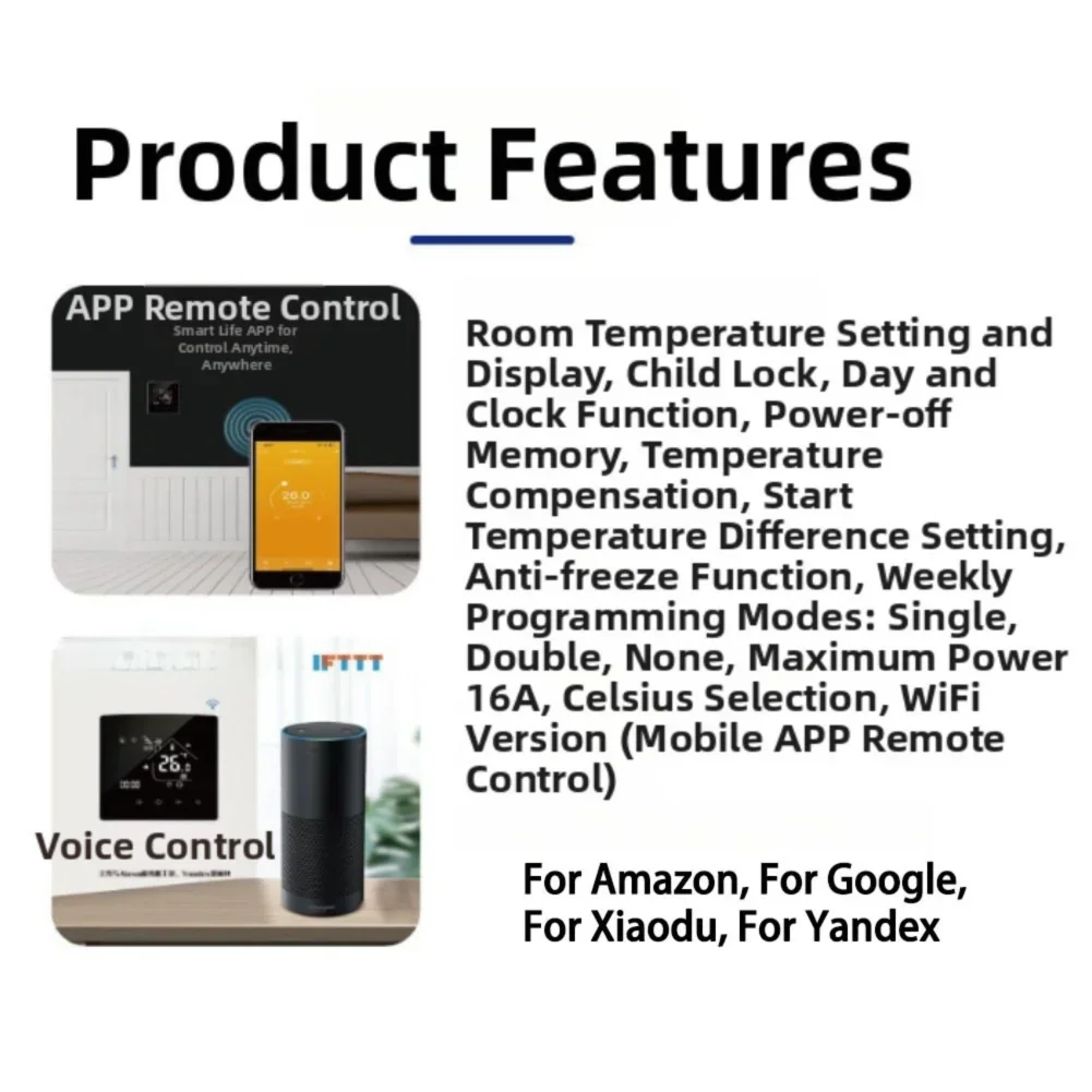 Termostato de aquecimento programável com WiFi para Tuya e Smart Life Ready para comandos de voz do assistente Alexa