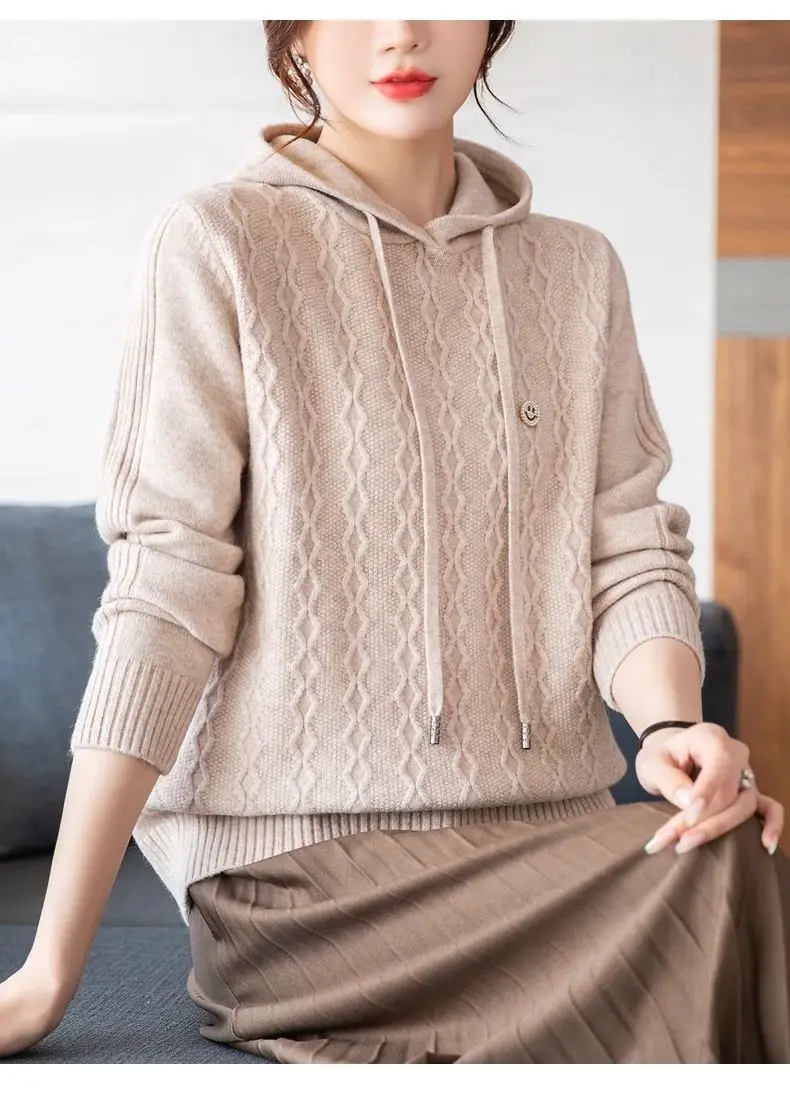 Knitted Sweater Hooded Sweatshirt 2024 Spring Autumn New Women\'s Short Knitted Top Stylish Hooded Loose Fitting Women\'s Clothing