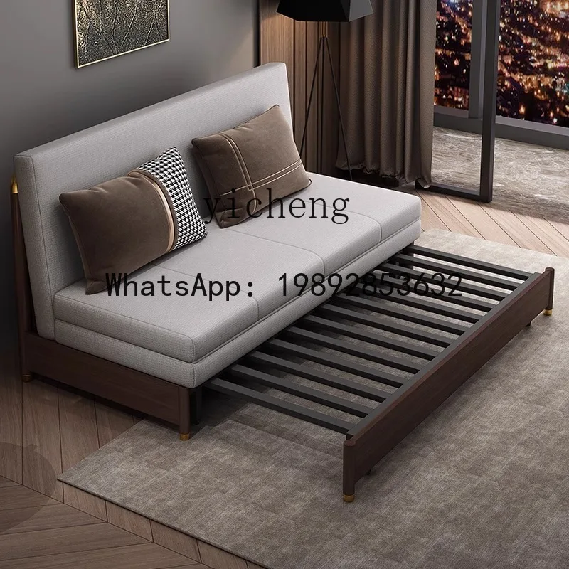 solid wood sofa bed small apartment multi-function push-pull foldable single and double dual-use