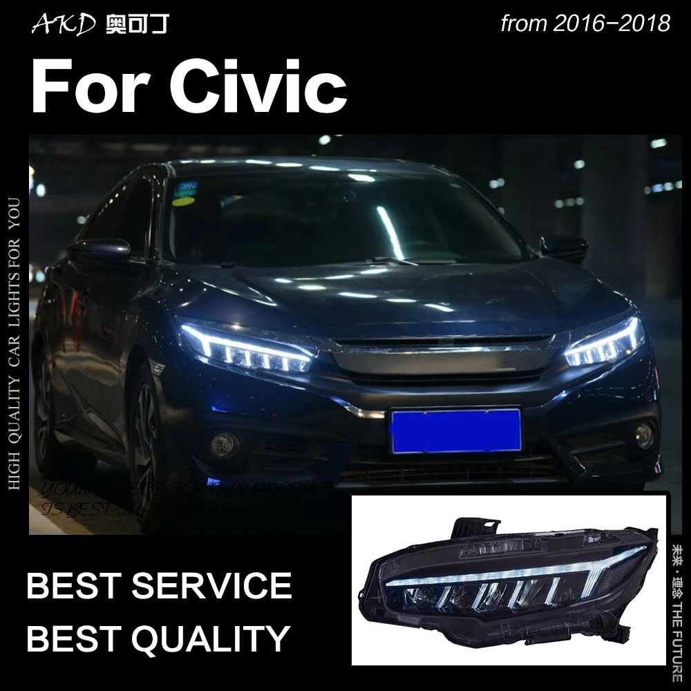 

Передние Автомобильные фары для Honda Civic 2016-2018, все Светодиодные ДХО, динамический сигнал, Hid передняя лампа, биксеноновый луч, автомобильные аксессуары, 2 шт.