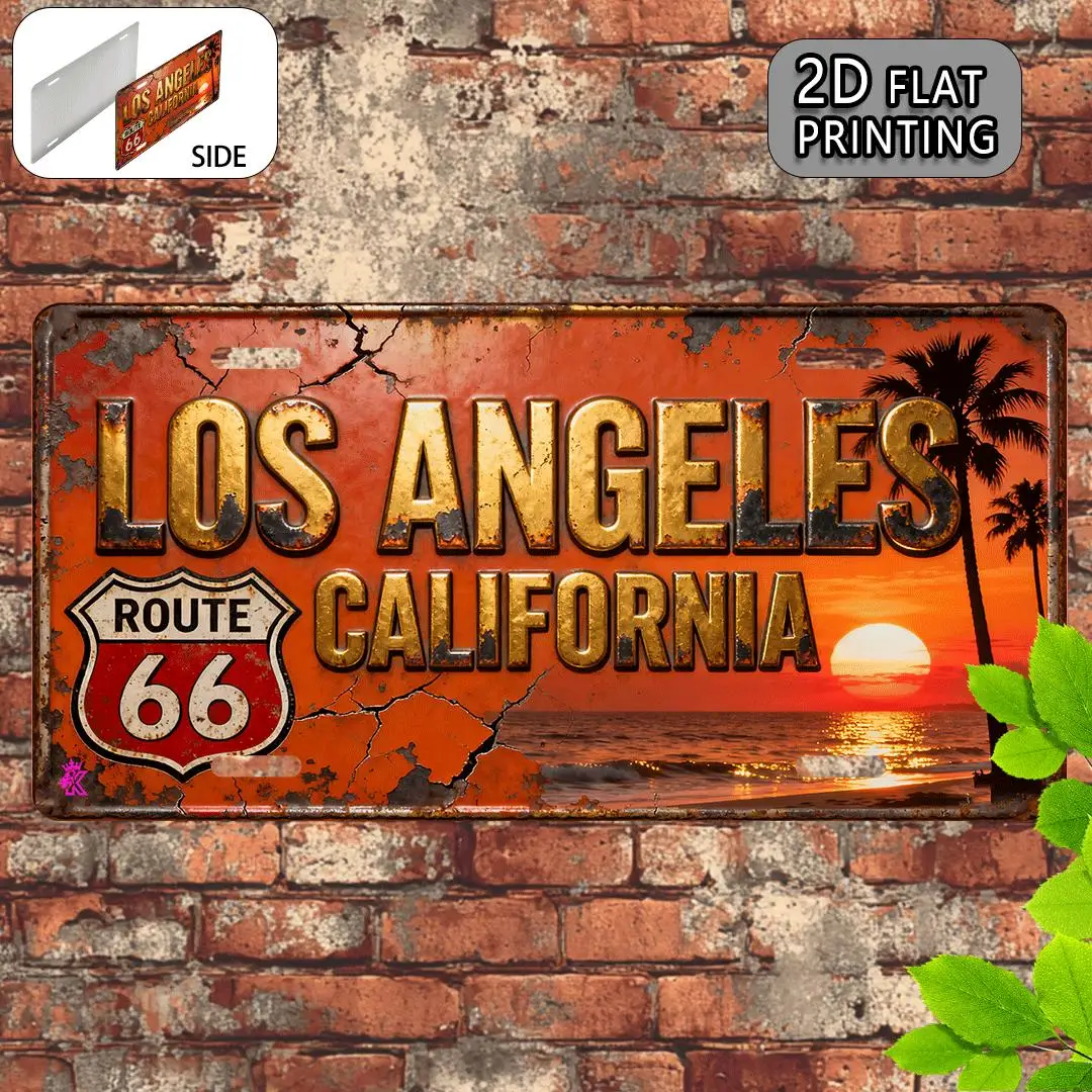 Decoração de Parede Metálica Vintage 2D, 1 peça - Placa Retro da Califórnia com Número da Rota 66 e Los Angeles, 15x30cm