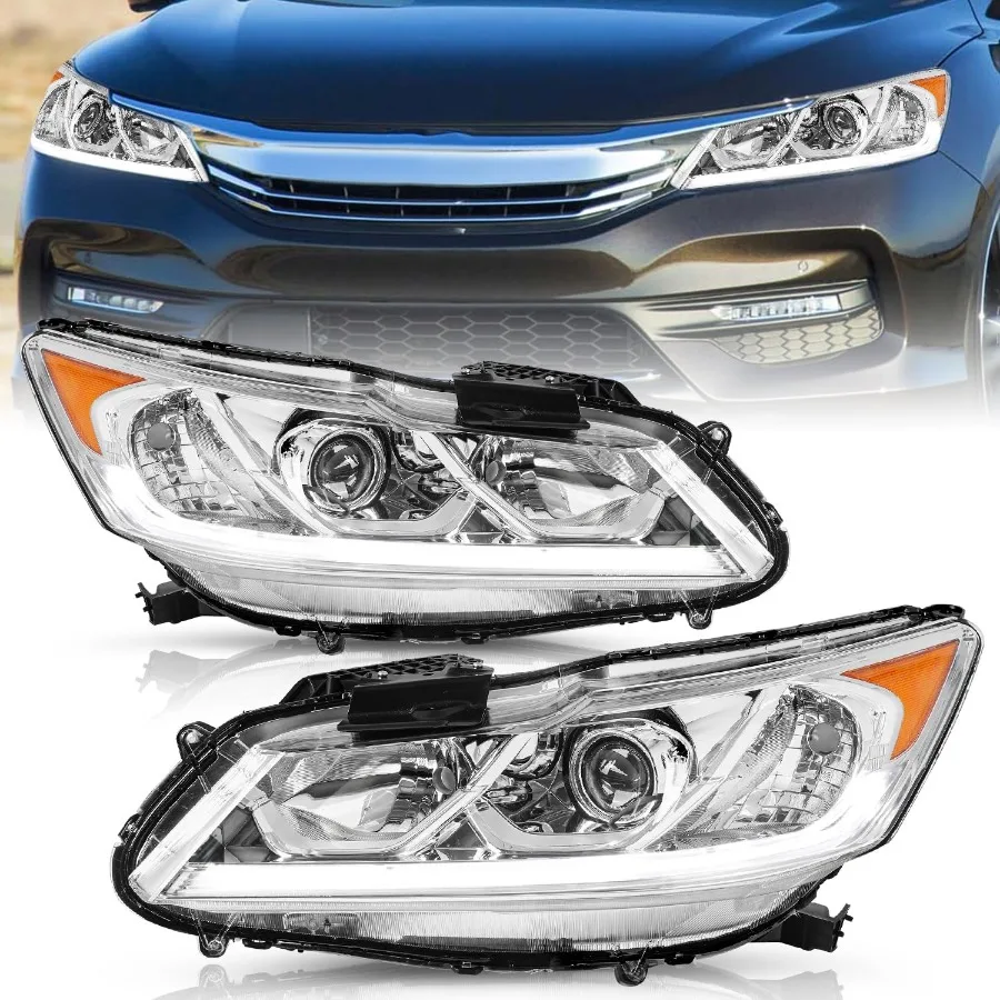 

Пара фар в сборе для Honda Accord 20162017 гг., фара проектора со светодиодной подсветкой DRL, хромированный корпус с янтарным отражателем и P