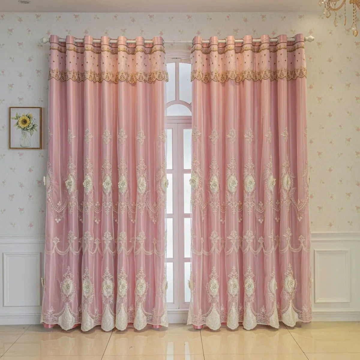Luxury Pink Double Layer Curtain with 3D Embroidery & Sheer Voile Modern Elegant Bedroom Blackout Window Drapes Lace Design